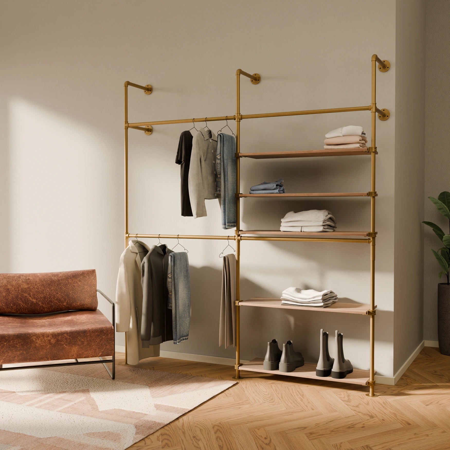 KIM DOUBLE 2 OAK –  5 shelves right | gold